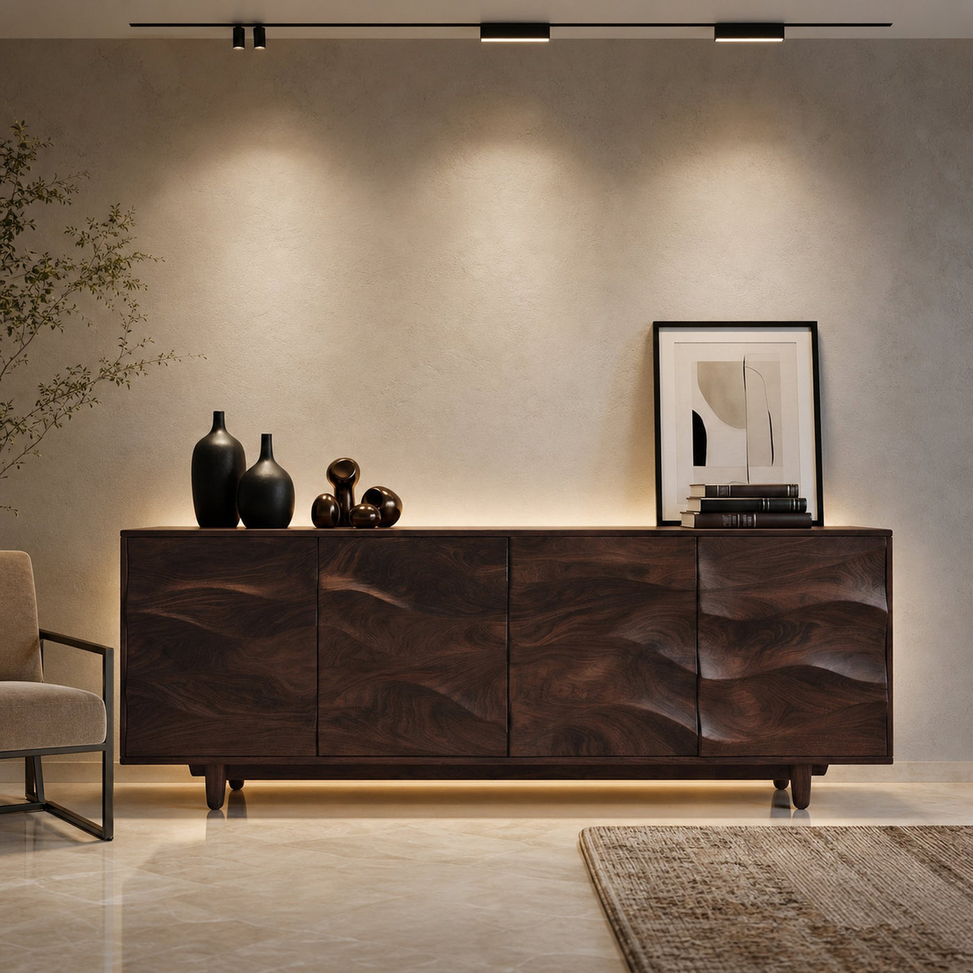 Rustic Wooden Sideboard With Undulating Doors For Living Room - product view 7
