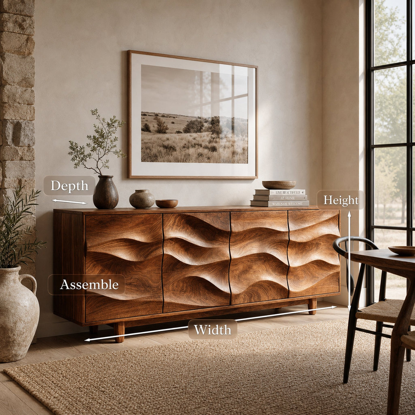 Rustic Wooden Sideboard With Undulating Doors For Living Room - product view 8