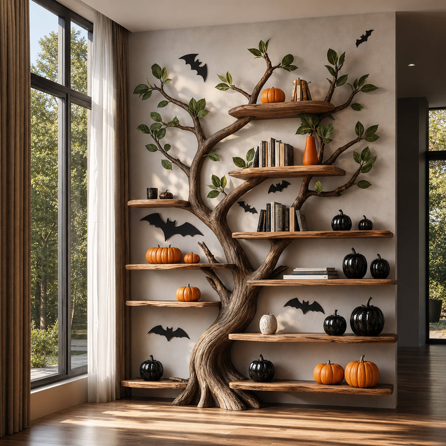 Rustic Wooden Tree Bookshelf Home Office Halloween Decor