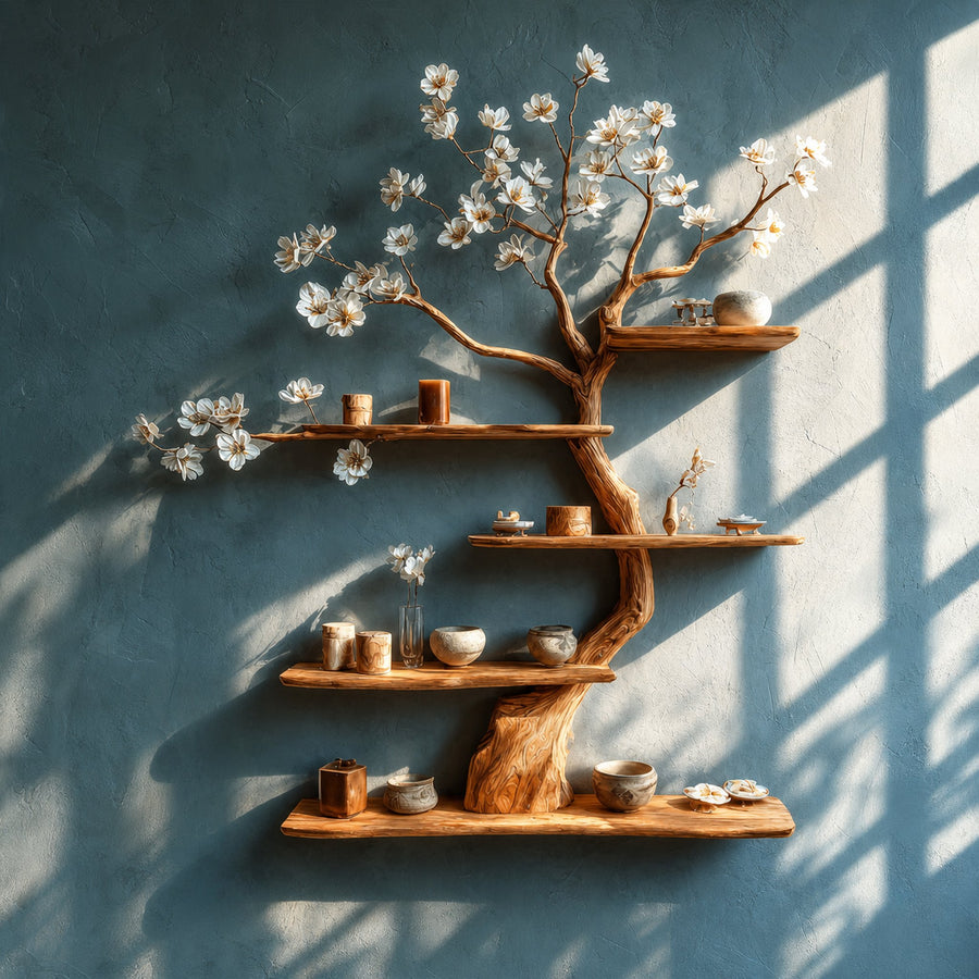 Rustic Wooden Tree Shelf Solid Wood Wall Accent Home Decor