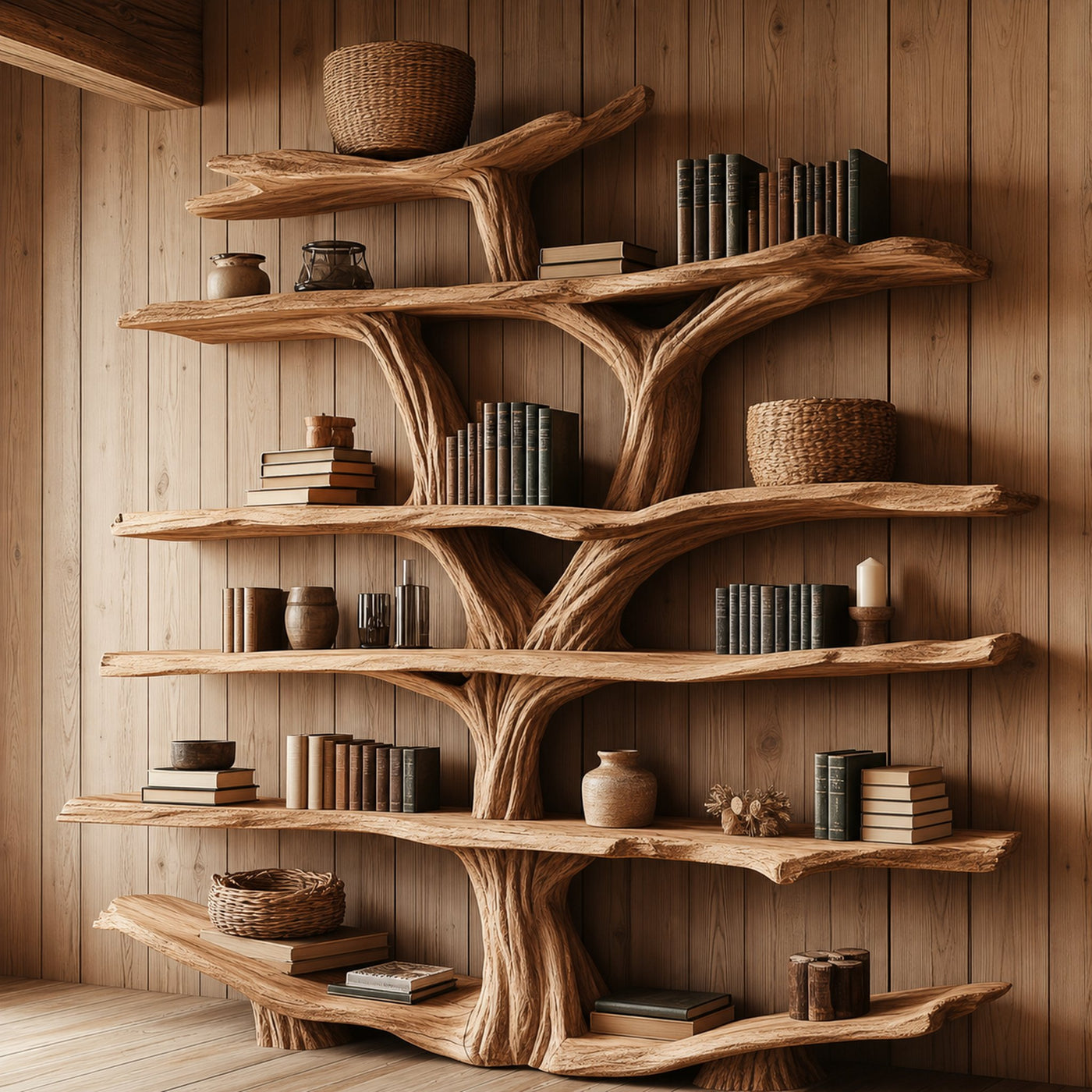 Rustic Wooden Tree Shelf – Perfect Book Storage & Nature-Inspired Decor