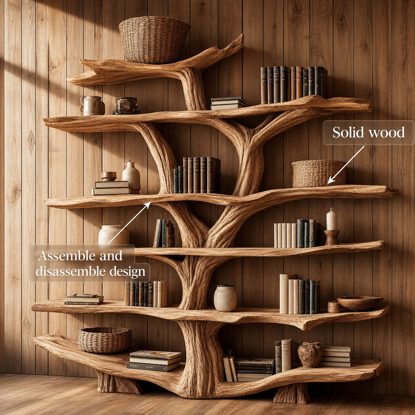 Rustic Wooden Tree Shelf – Perfect Book Storage & Nature-Inspired Decor - product view 3