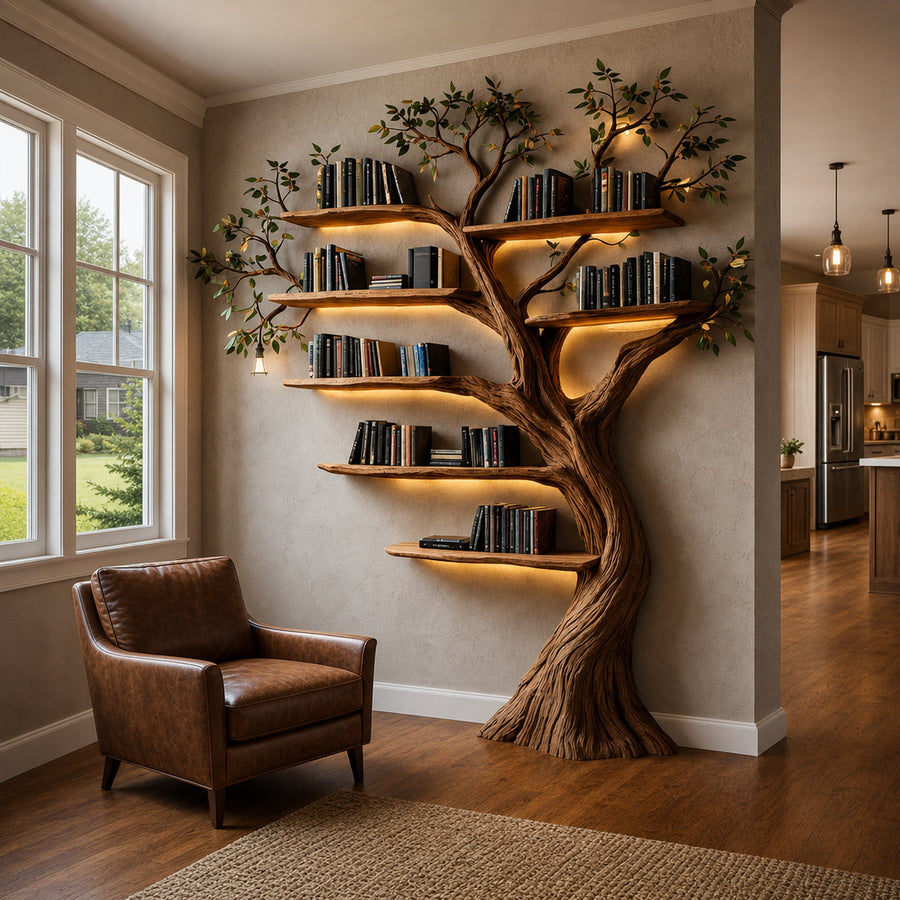 Rustic Woodland Style Tree Bookshelf Wall Mounted For Living Space