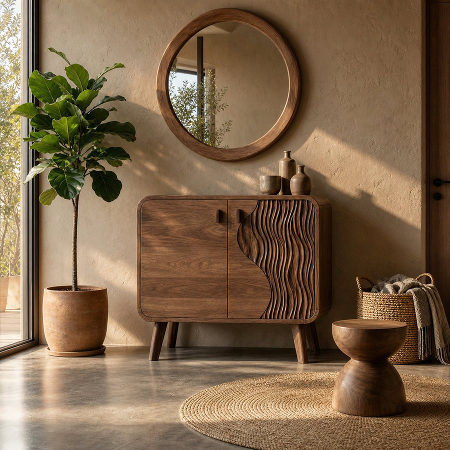 Rustic Woven Door Storage Cabinet For Entryway And Living Room Space