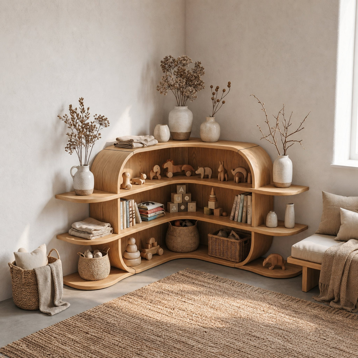Scandinavian Arched Corner Bookshelf With Multi Tier Open Shelves For Living Room And Bedroom
