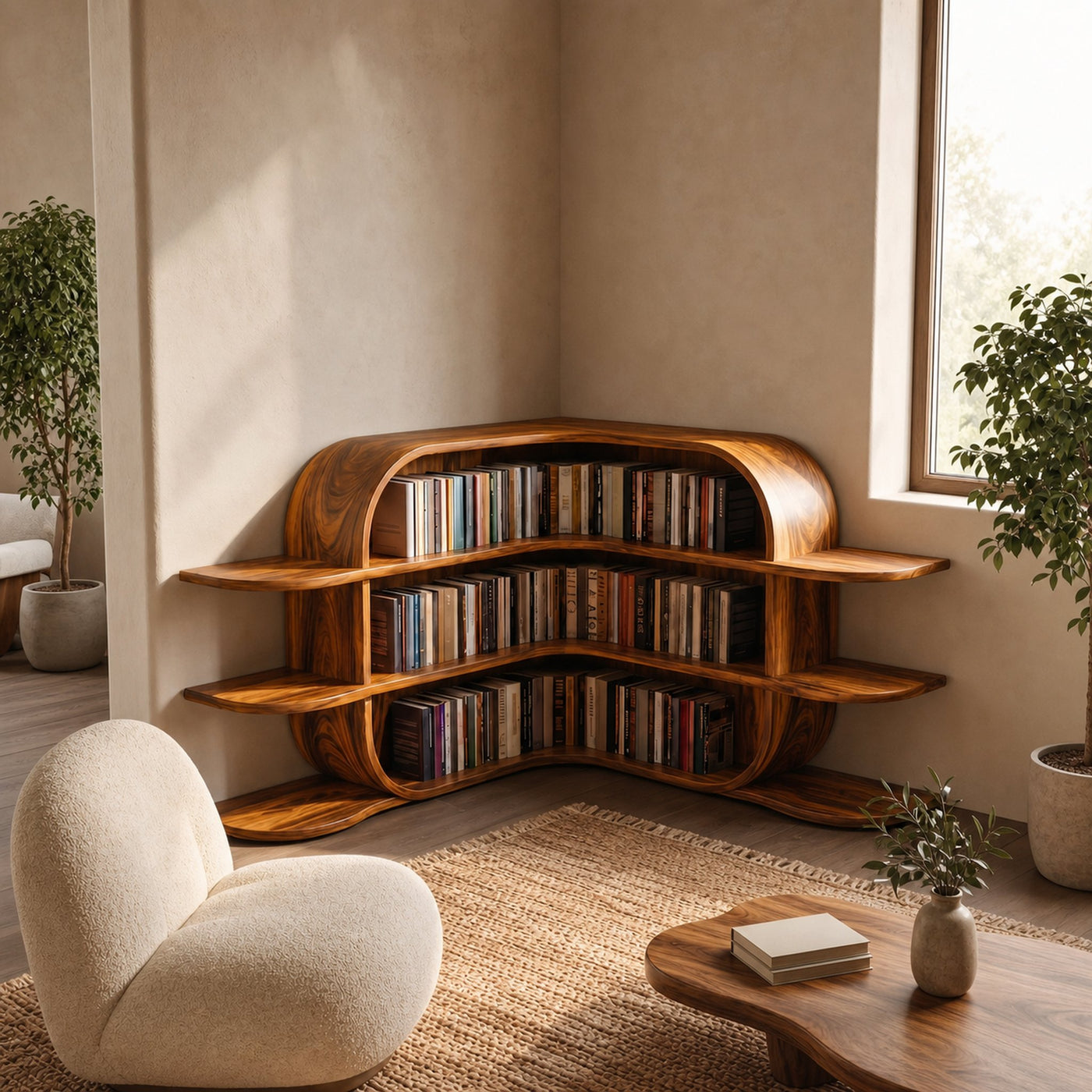 Scandinavian Arched Corner Bookshelf With Multi Tier Open Shelves For Living Room And Bedroom - product view 6