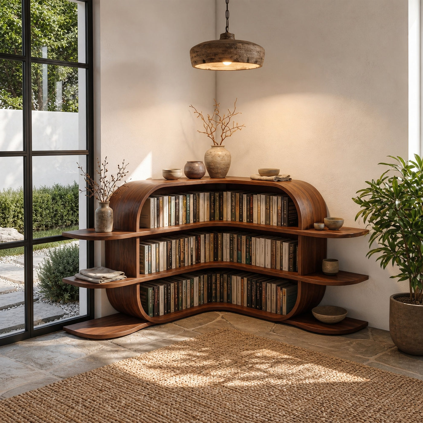 Scandinavian Arched Corner Bookshelf With Multi Tier Open Shelves For Living Room And Bedroom - product view 7