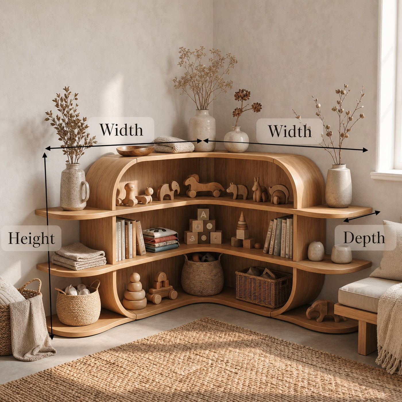 Scandinavian Arched Corner Bookshelf With Multi Tier Open Shelves For Living Room And Bedroom - product view 8