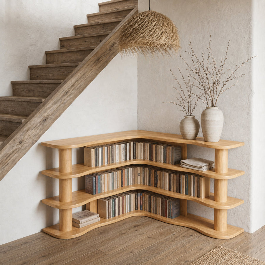 Scandinavian Corner Bookshelf With Rounded Multi Tier Wooden Shelves For Living Room And Bedroom