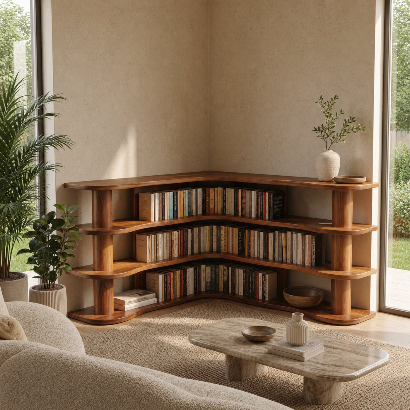 Scandinavian Corner Bookshelf With Rounded Multi Tier Wooden Shelves For Living Room And Bedroom - product view 6