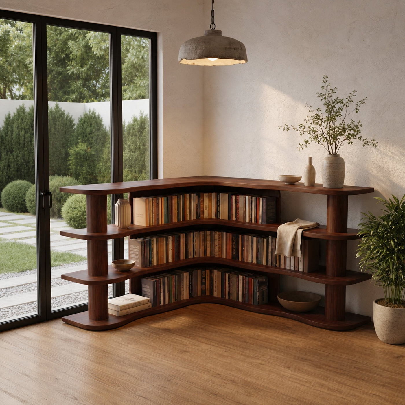 Scandinavian Corner Bookshelf With Rounded Multi Tier Wooden Shelves For Living Room And Bedroom - product view 7