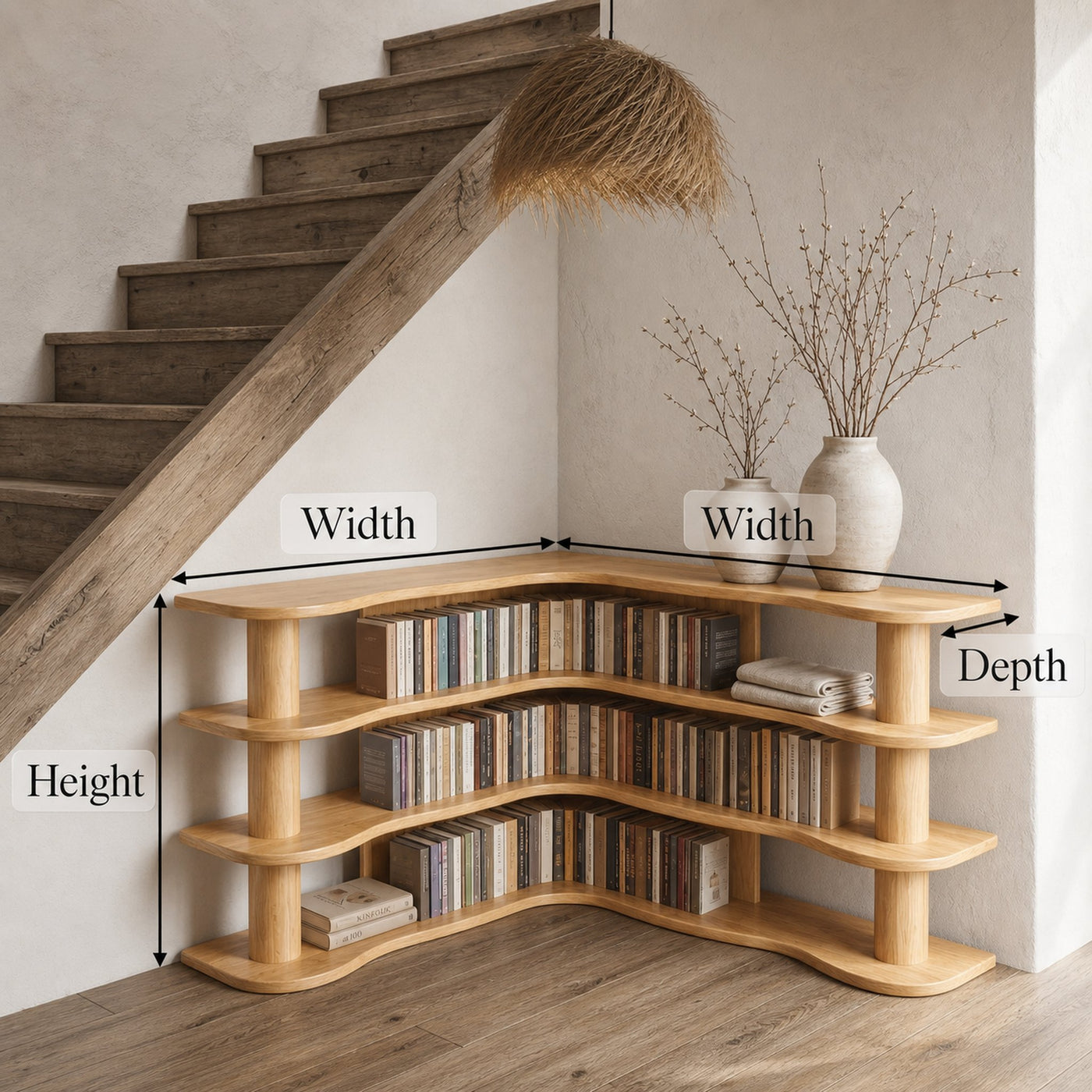 Scandinavian Corner Bookshelf With Rounded Multi Tier Wooden Shelves For Living Room And Bedroom - product view 8
