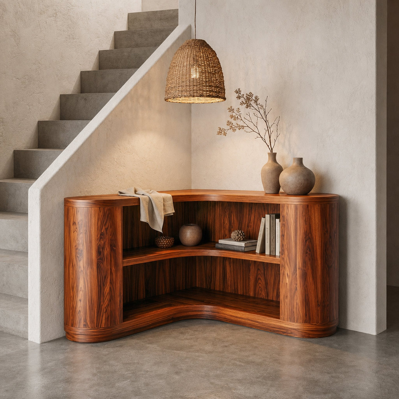 Scandinavian Corner Bookshelf With Simple Wooden Structure For Living Room