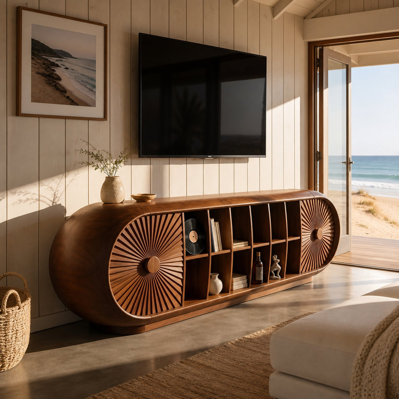 Scandinavian Organic TV Cabinet For Coastal Interior Space
