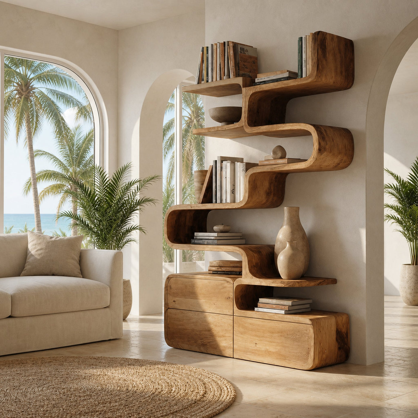 Scandinavian Sculptural Wooden Bookshelf For Living Room