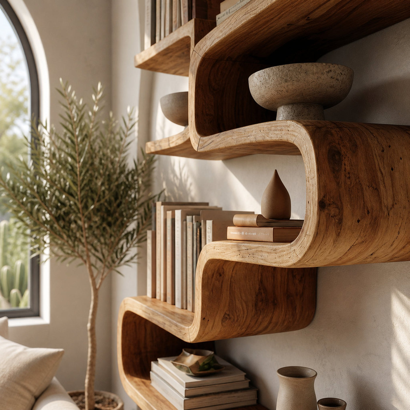 Scandinavian Sculptural Wooden Bookshelf For Living Room - product view 6