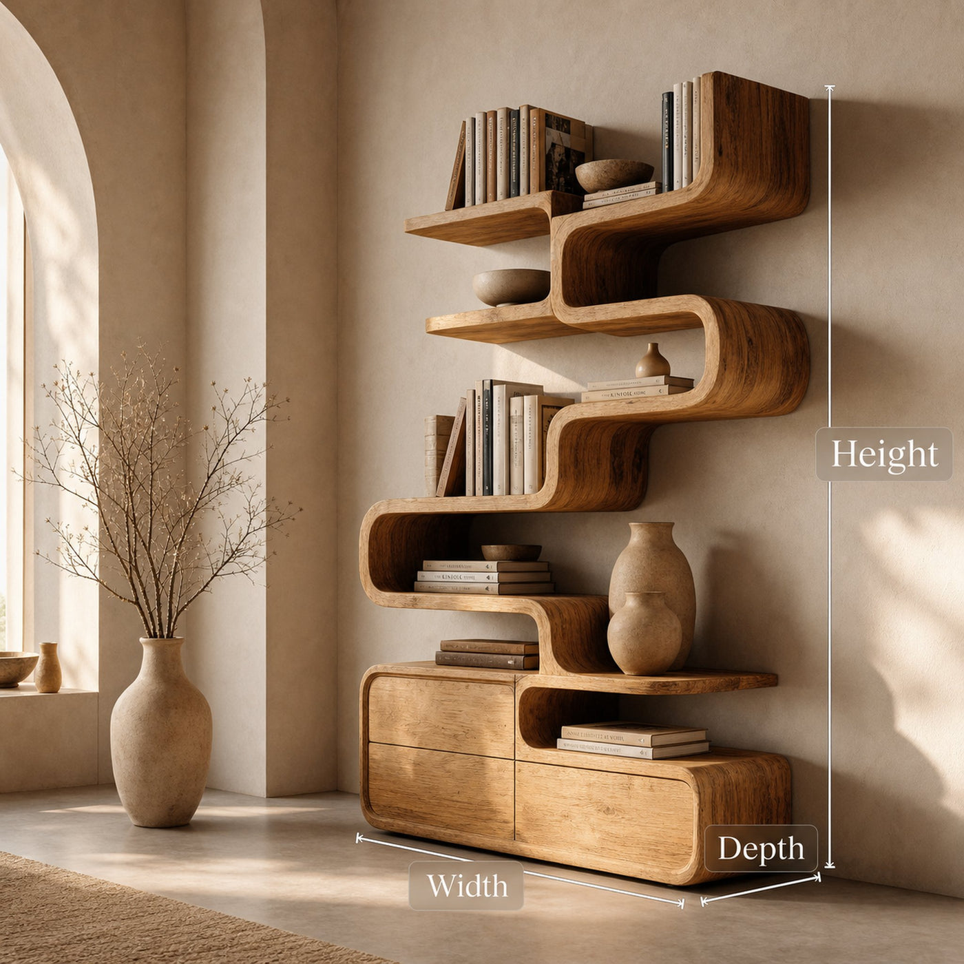 Scandinavian Sculptural Wooden Bookshelf For Living Room - product view 7