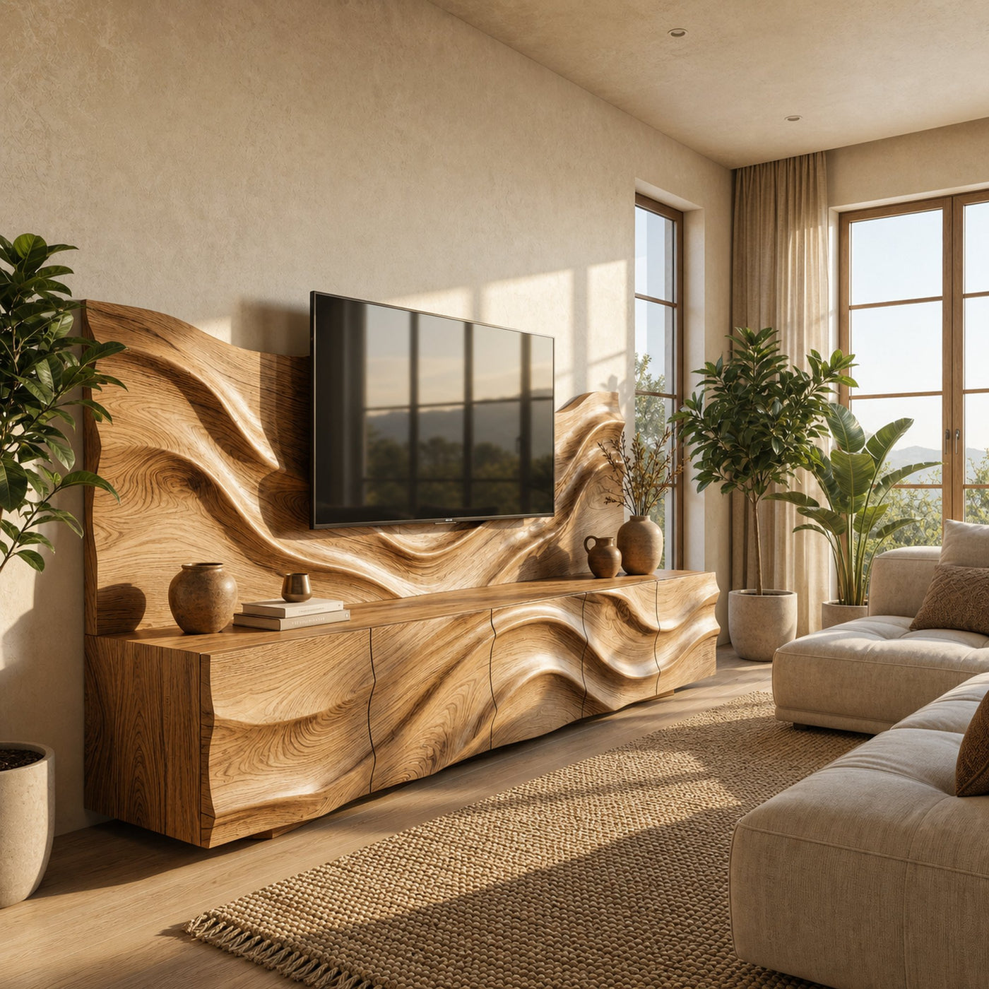 Scandinavian TV Cabinet And Wood Wall Panel Set Living Room Furniture