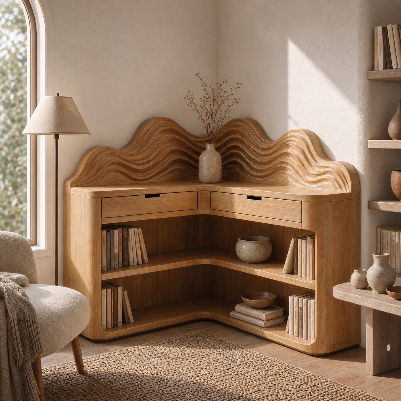 Scandinavian Wave Top Corner Bookshelf With Multi Tier Open Shelves For Living Room And Bedroom