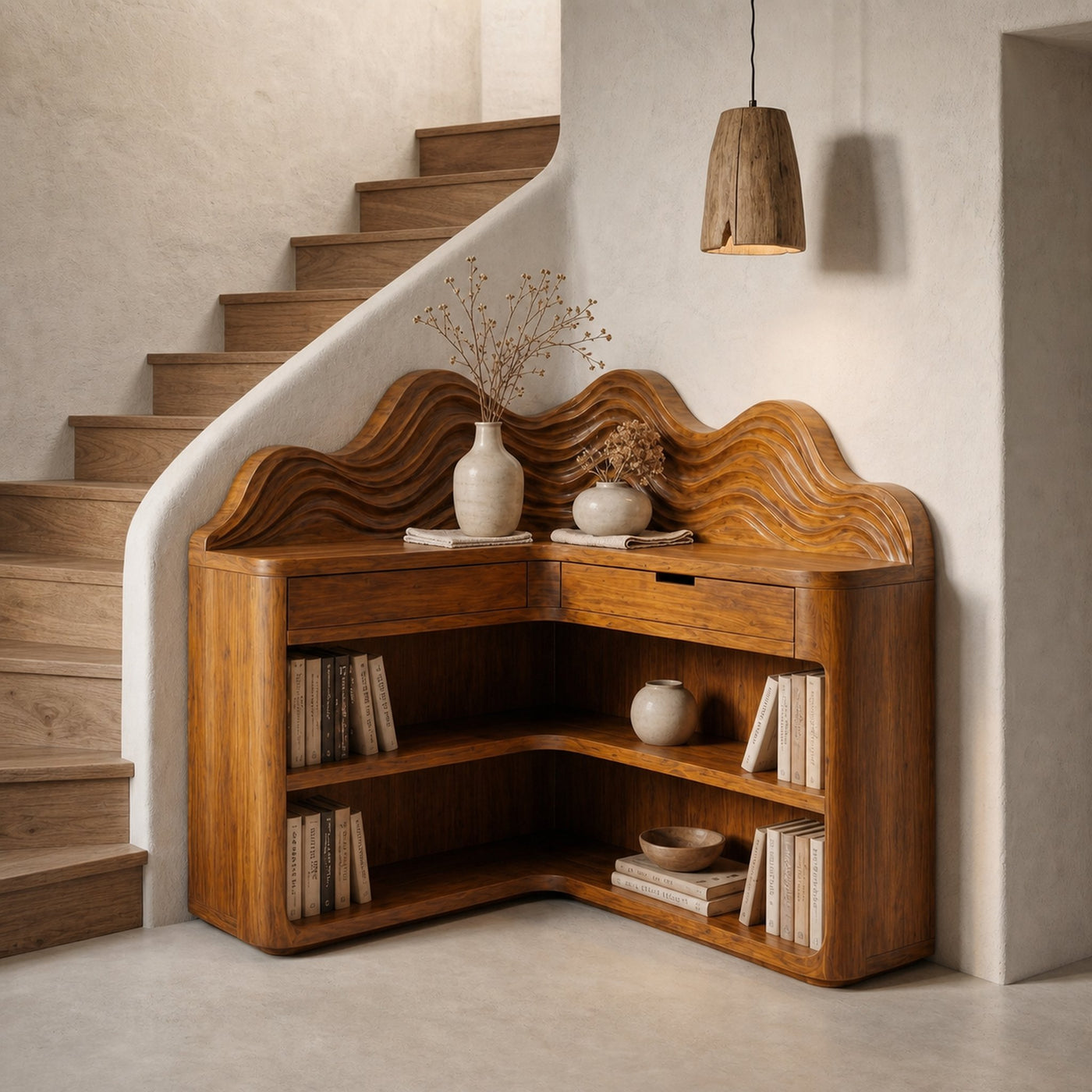 Scandinavian Wave Top Corner Bookshelf With Multi Tier Open Shelves For Living Room And Bedroom - product view 6