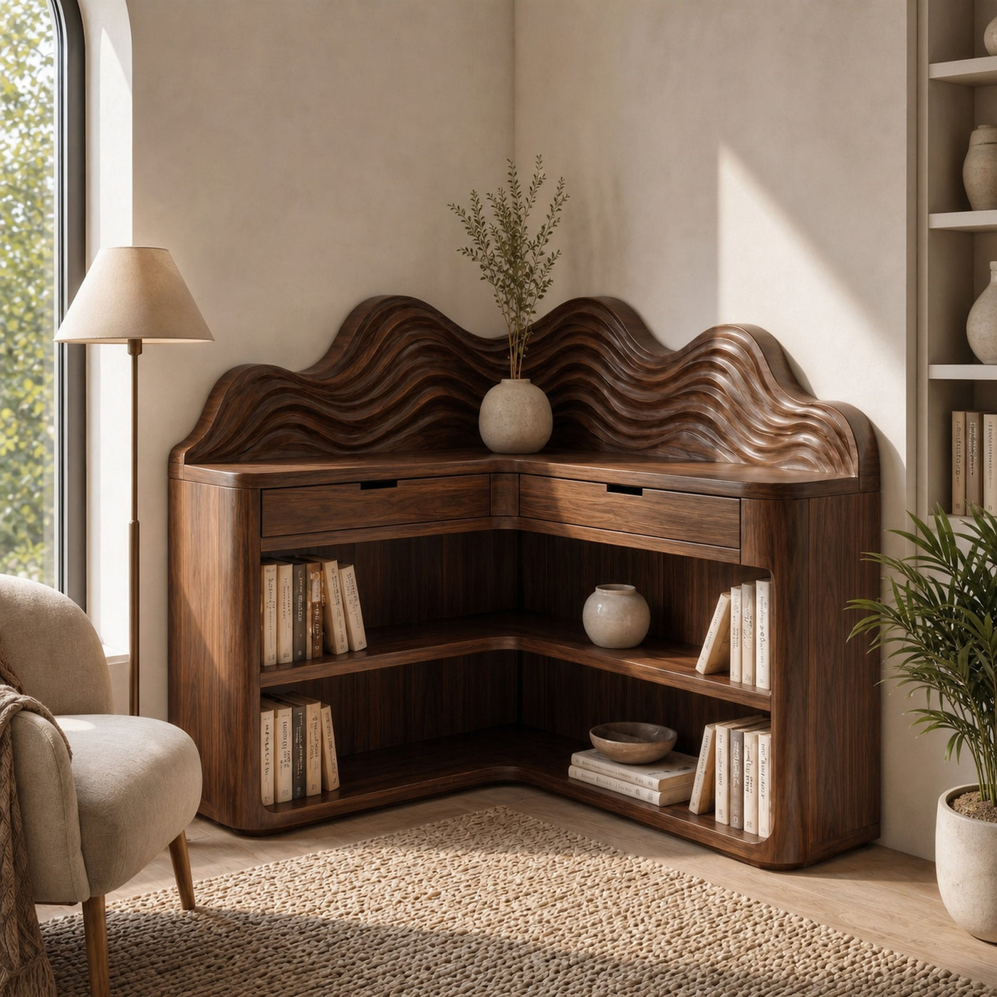 Scandinavian Wave Top Corner Bookshelf With Multi Tier Open Shelves For Living Room And Bedroom - product view 7