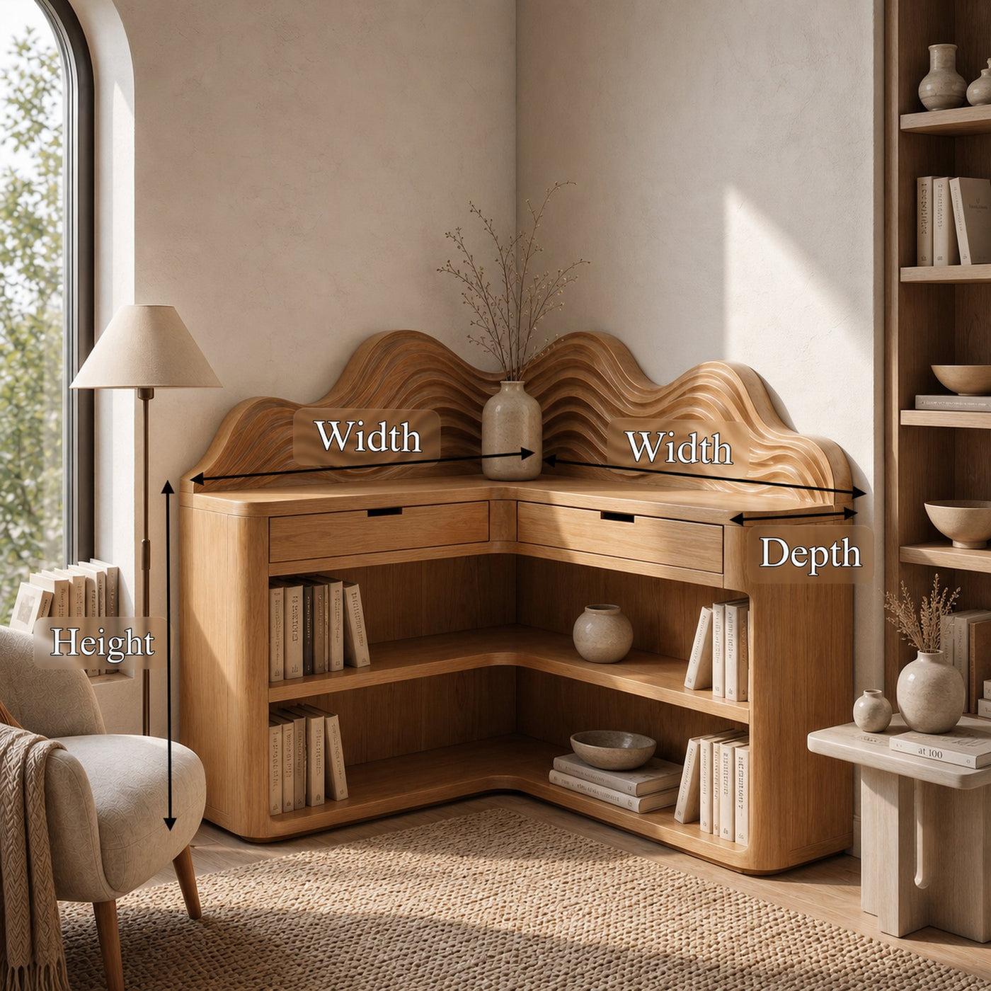 Scandinavian Wave Top Corner Bookshelf With Multi Tier Open Shelves For Living Room And Bedroom - product view 8