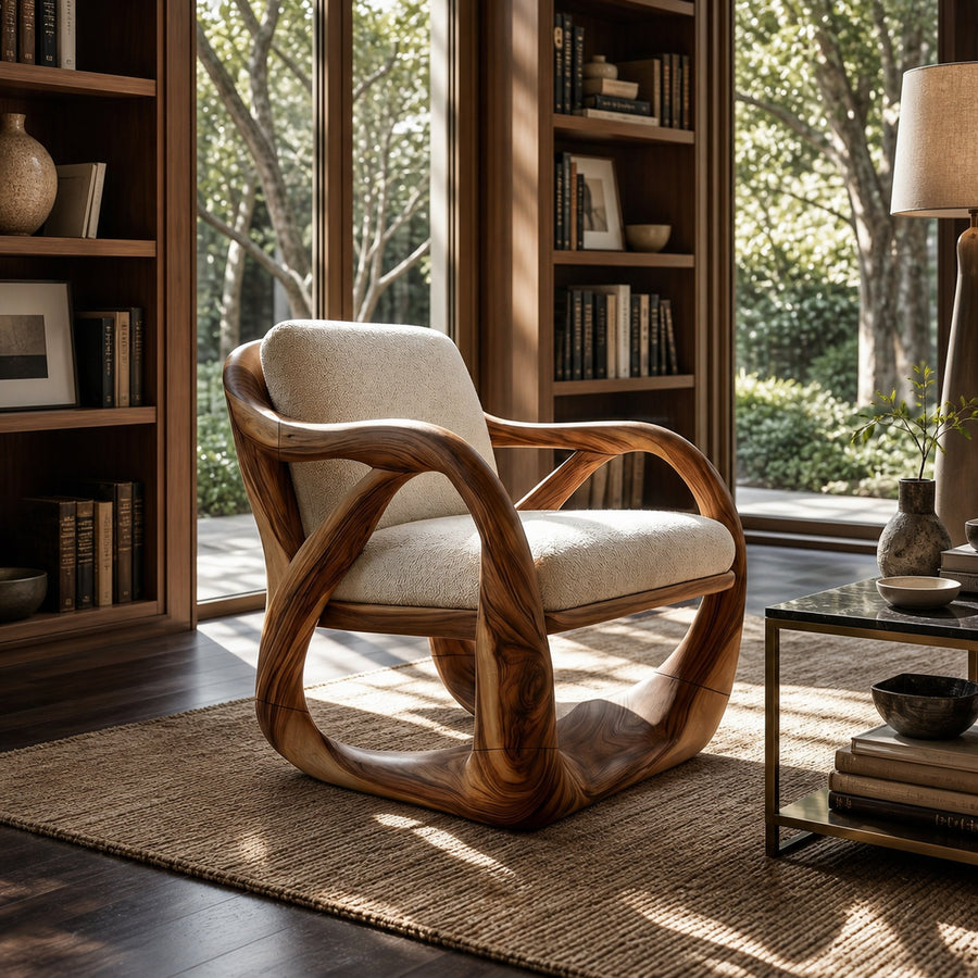Sculpted Walnut Lounge Chair in a Grand Luxury Living Space