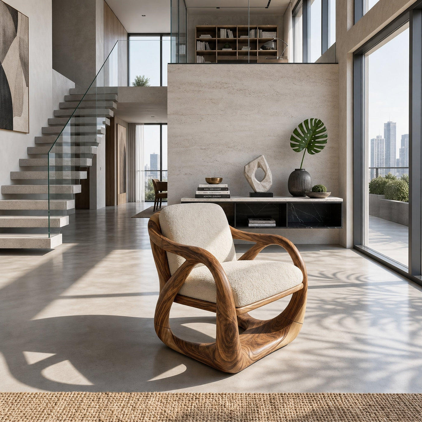 Sculpted Walnut Lounge Chair in a Grand Luxury Living Space - product view 2
