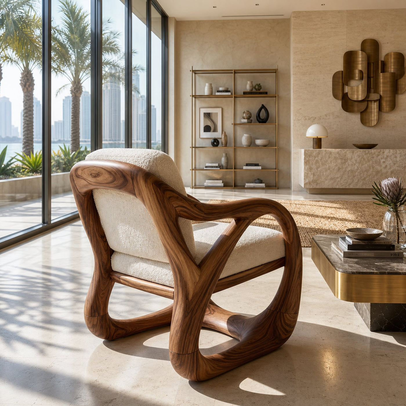Sculpted Walnut Lounge Chair in a Grand Luxury Living Space - product view 3