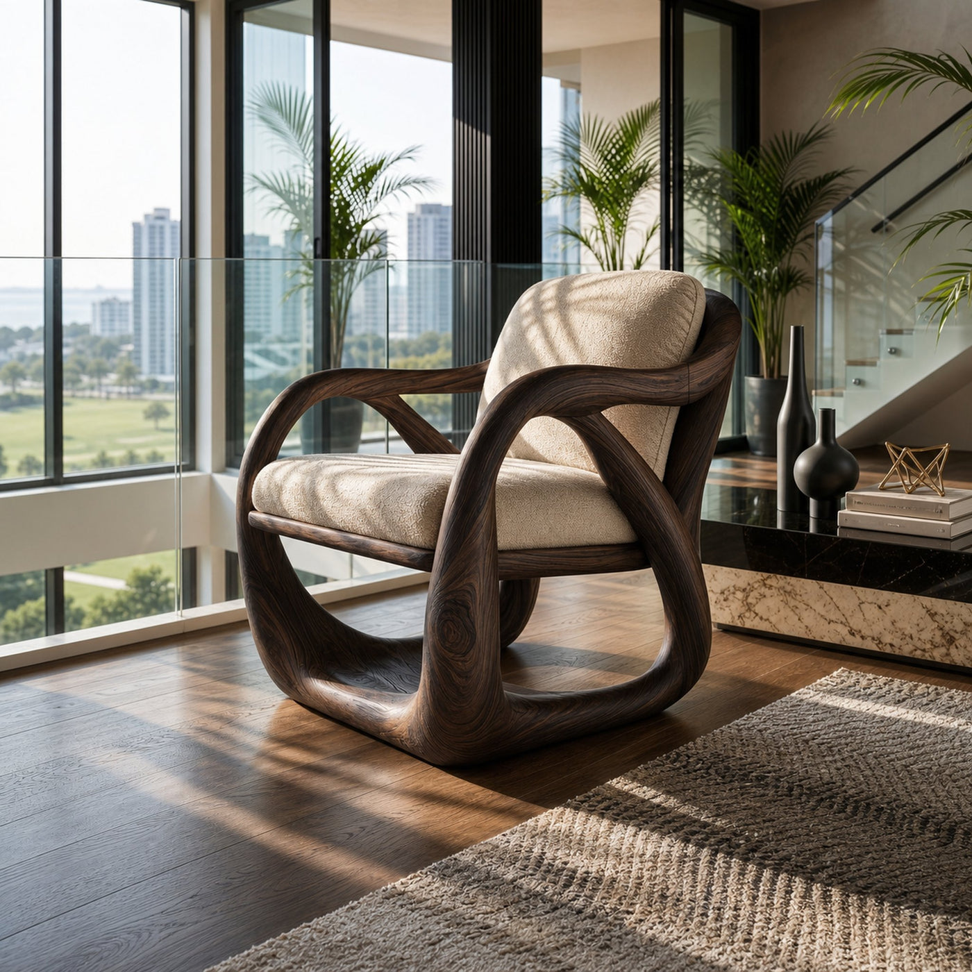 Sculpted Walnut Lounge Chair in a Grand Luxury Living Space - product view 4