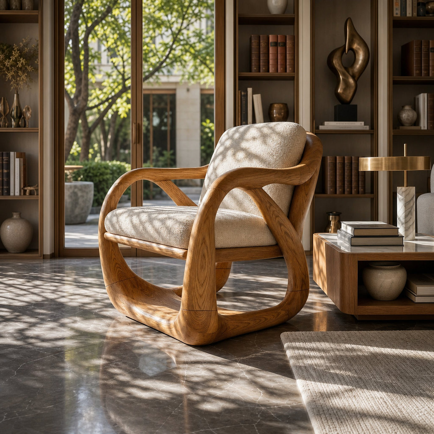 Sculpted Walnut Lounge Chair in a Grand Luxury Living Space - product view 5