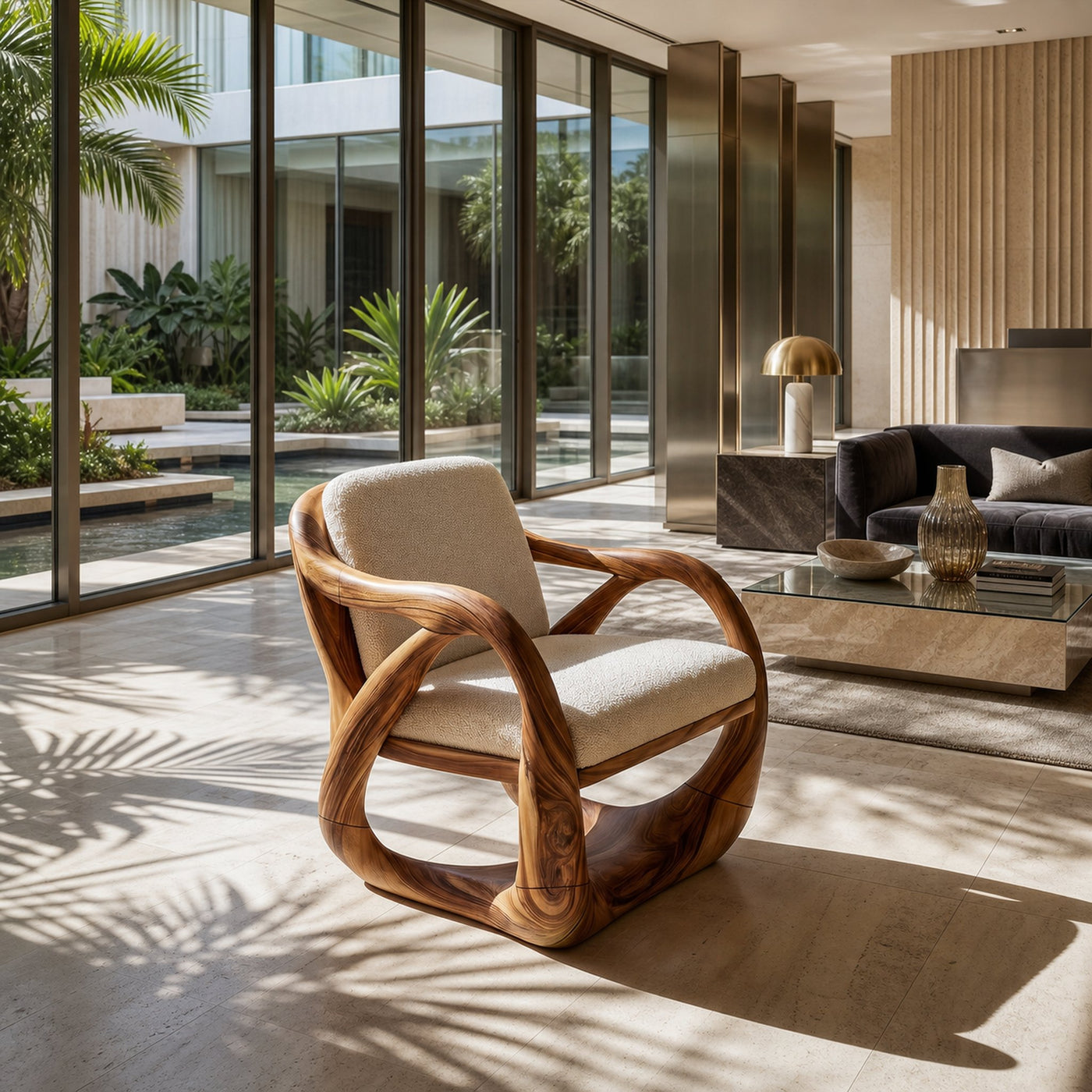 Sculpted Walnut Lounge Chair in a Grand Luxury Living Space - product view 6
