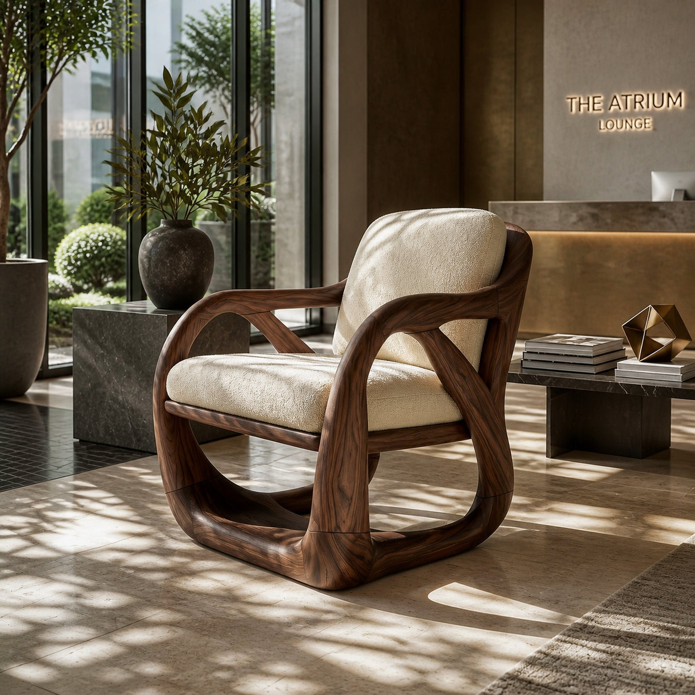 Sculpted Walnut Lounge Chair in a Grand Luxury Living Space - product view 7