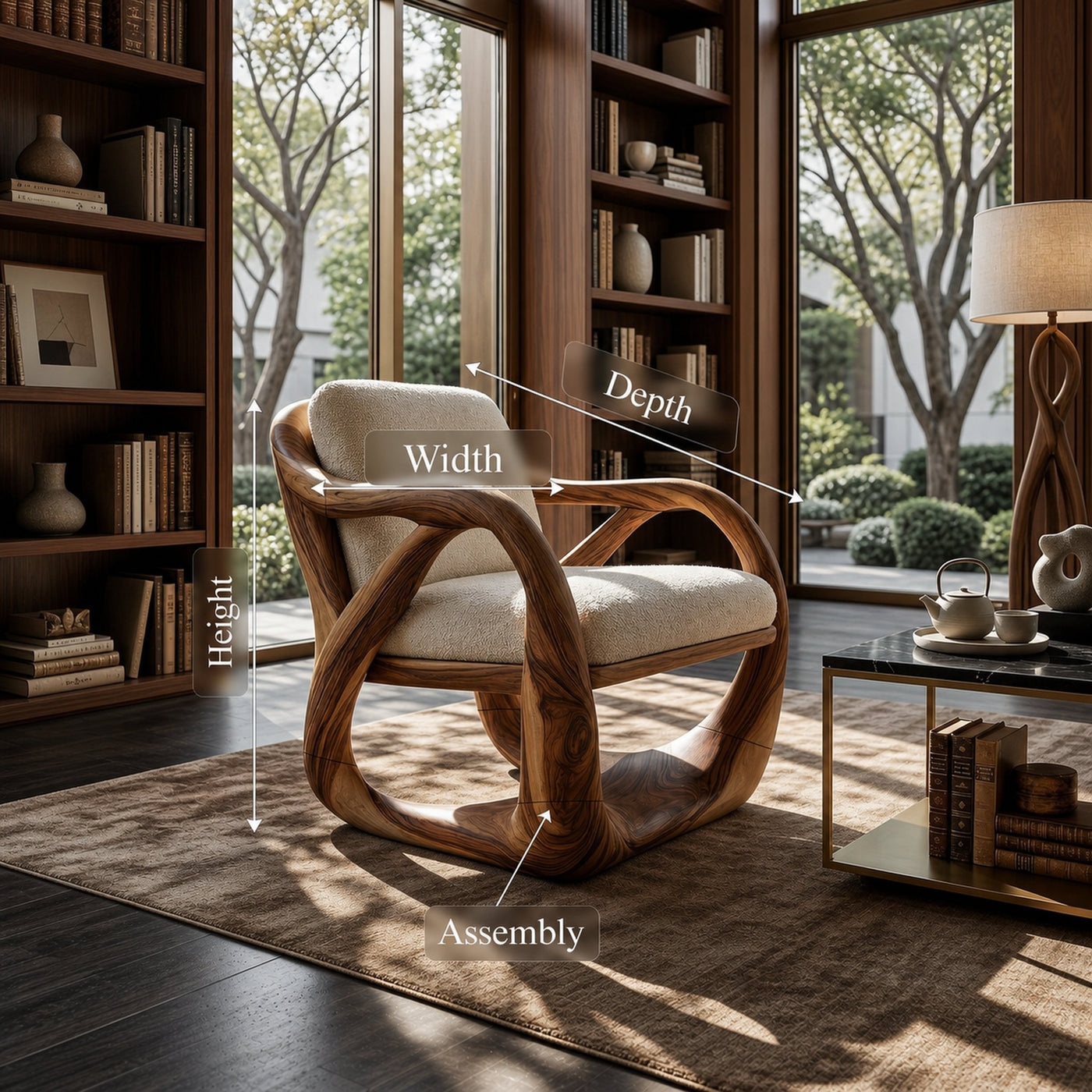 Sculpted Walnut Lounge Chair in a Grand Luxury Living Space - product view 8