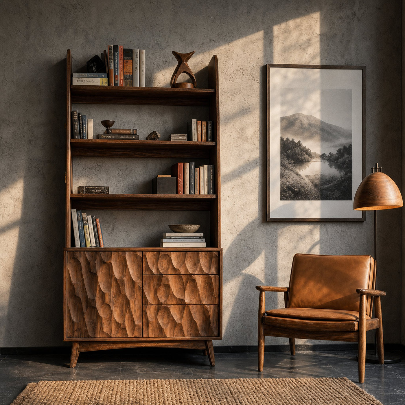Sculpted Wood Bookcase With Drawers And Open Shelves