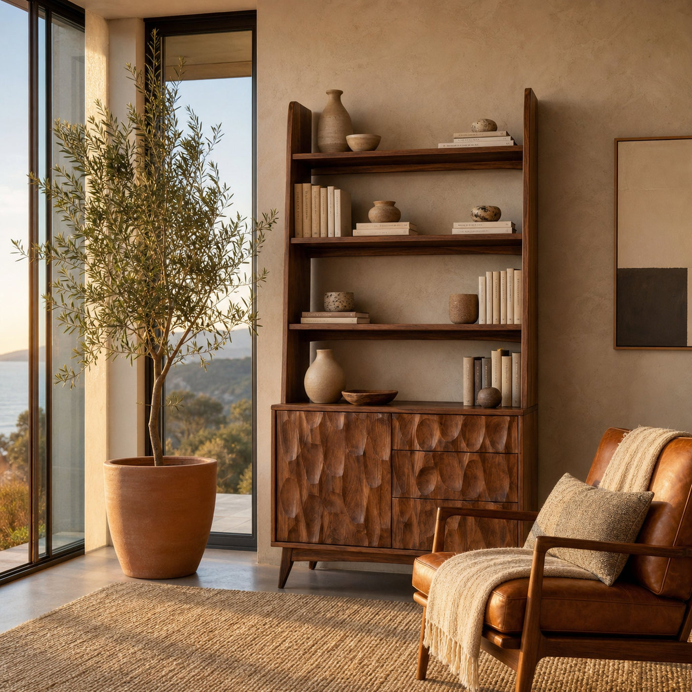 Sculpted Wood Bookcase With Drawers And Open Shelves - product view 6