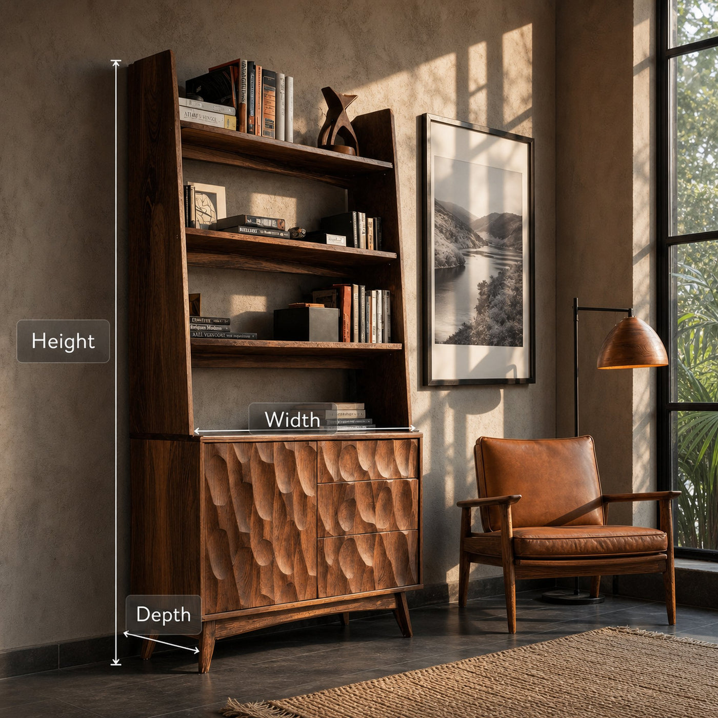 Sculpted Wood Bookcase With Drawers And Open Shelves - product view 7