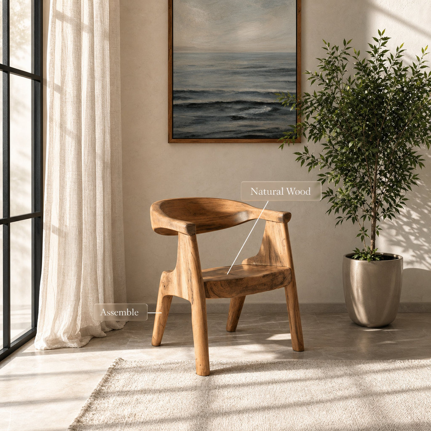 Sculptural Armchair With Curved Backrest For Living Room - product view 5