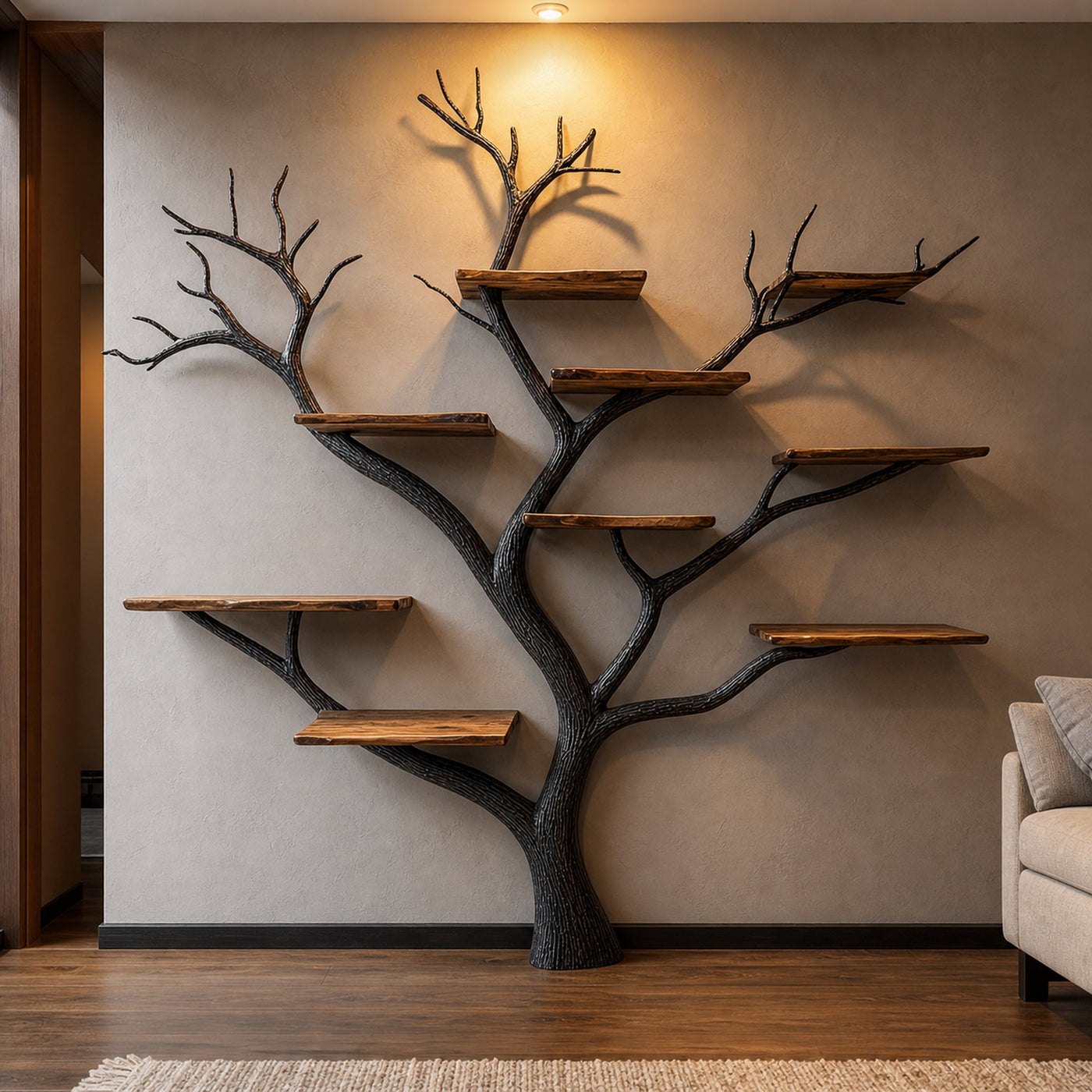 Sculptural Black Tree Bookshelf Solid Wood Modern Organic Design