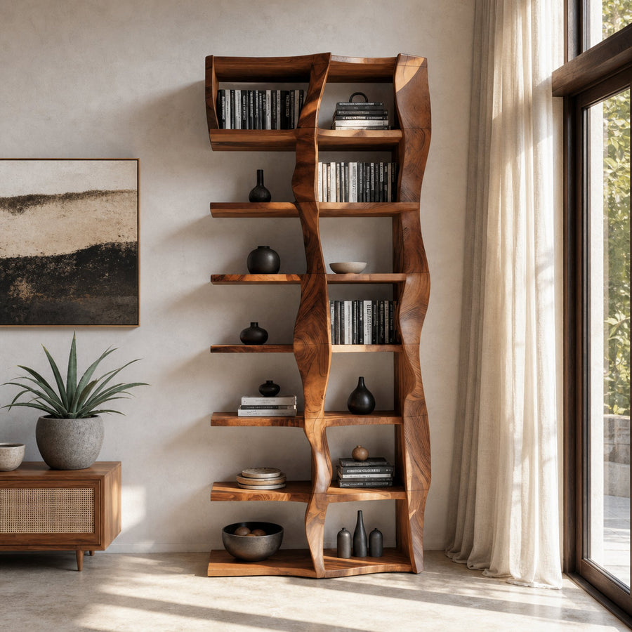 Sculptural Bookshelf With Flowing Wave Design For Living Room