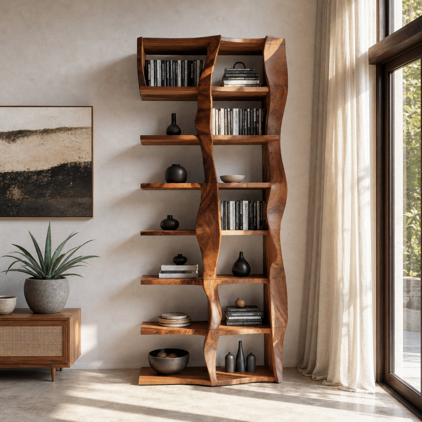Sculptural Bookshelf With Flowing Wave Design For Living Room