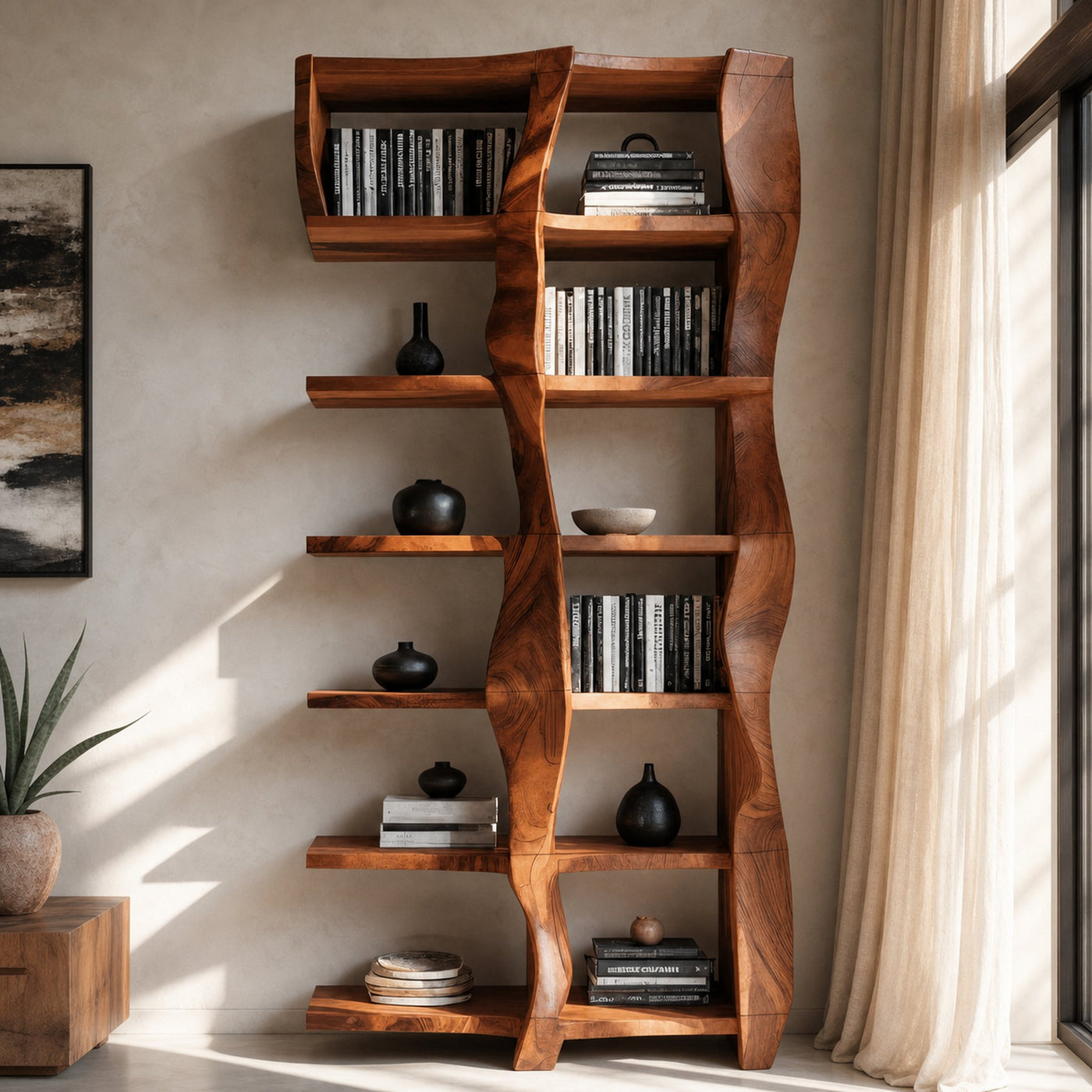 Sculptural Bookshelf With Flowing Wave Design For Living Room - product view 2