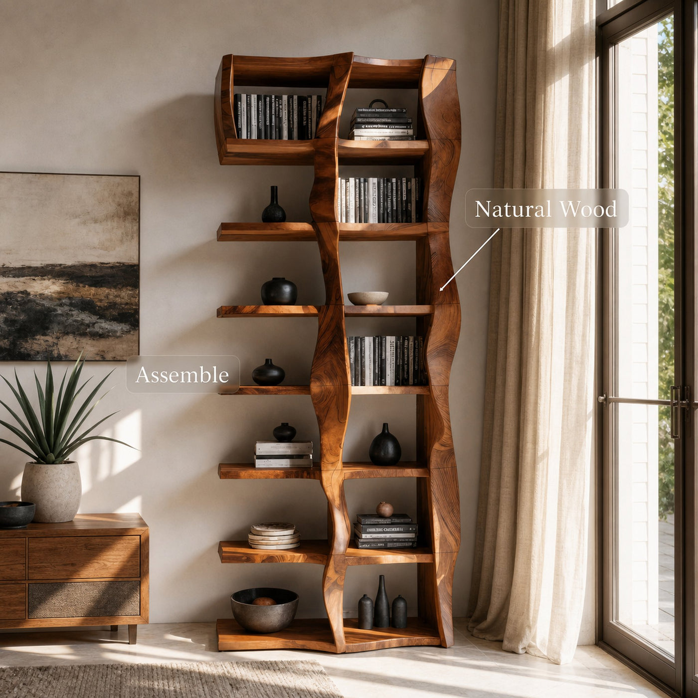 Sculptural Bookshelf With Flowing Wave Design For Living Room - product view 5