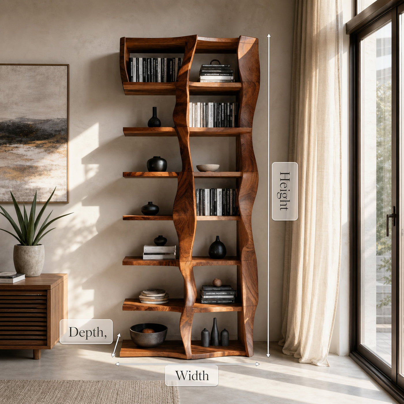 Sculptural Bookshelf With Flowing Wave Design For Living Room - product view 7