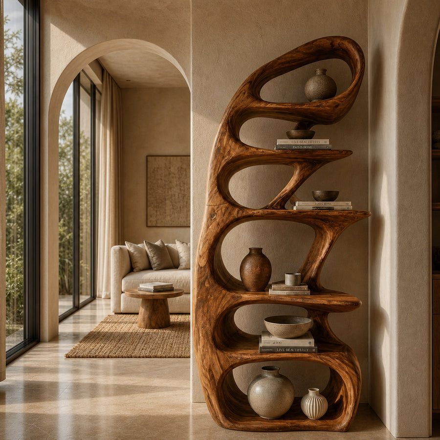 Sculptural Bookshelf With Tree Inspired Curved Shelves And Solid Wood Frame For Living Room