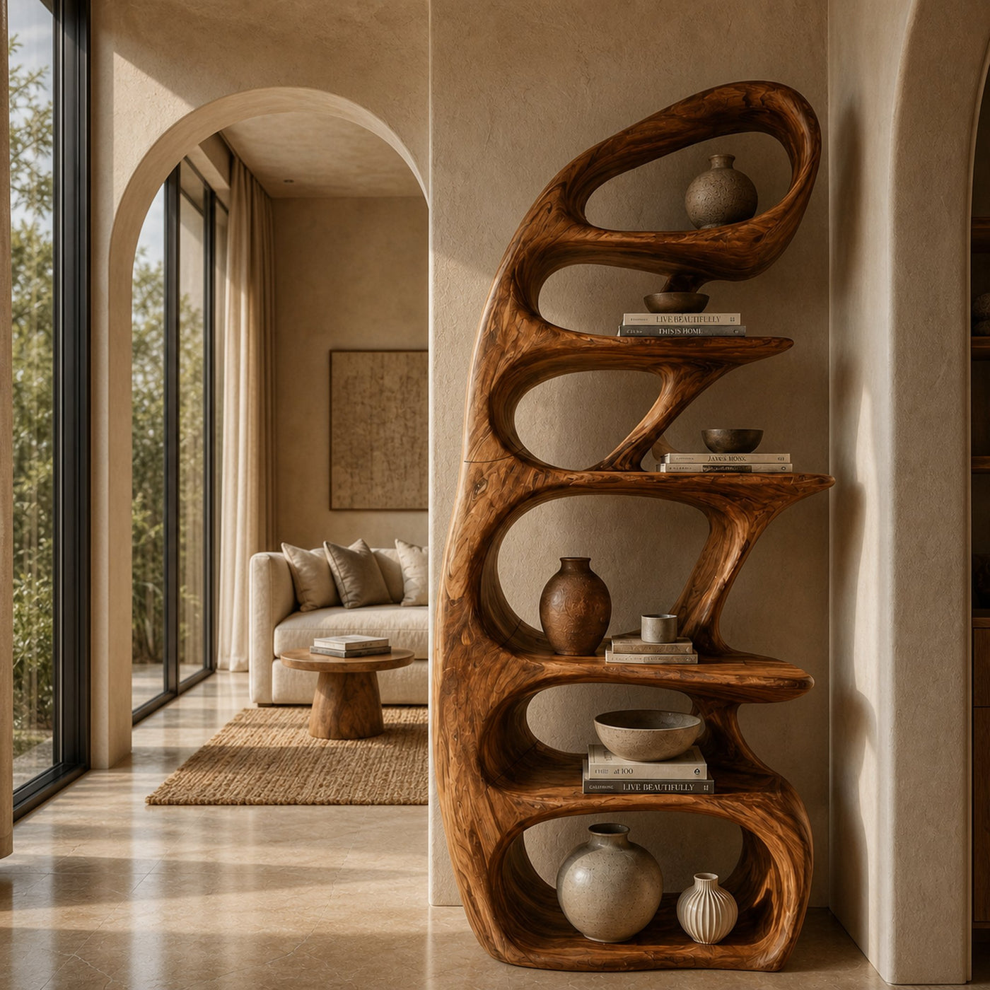 Sculptural Bookshelf With Tree Inspired Curved Shelves And Solid Wood Frame For Living Room