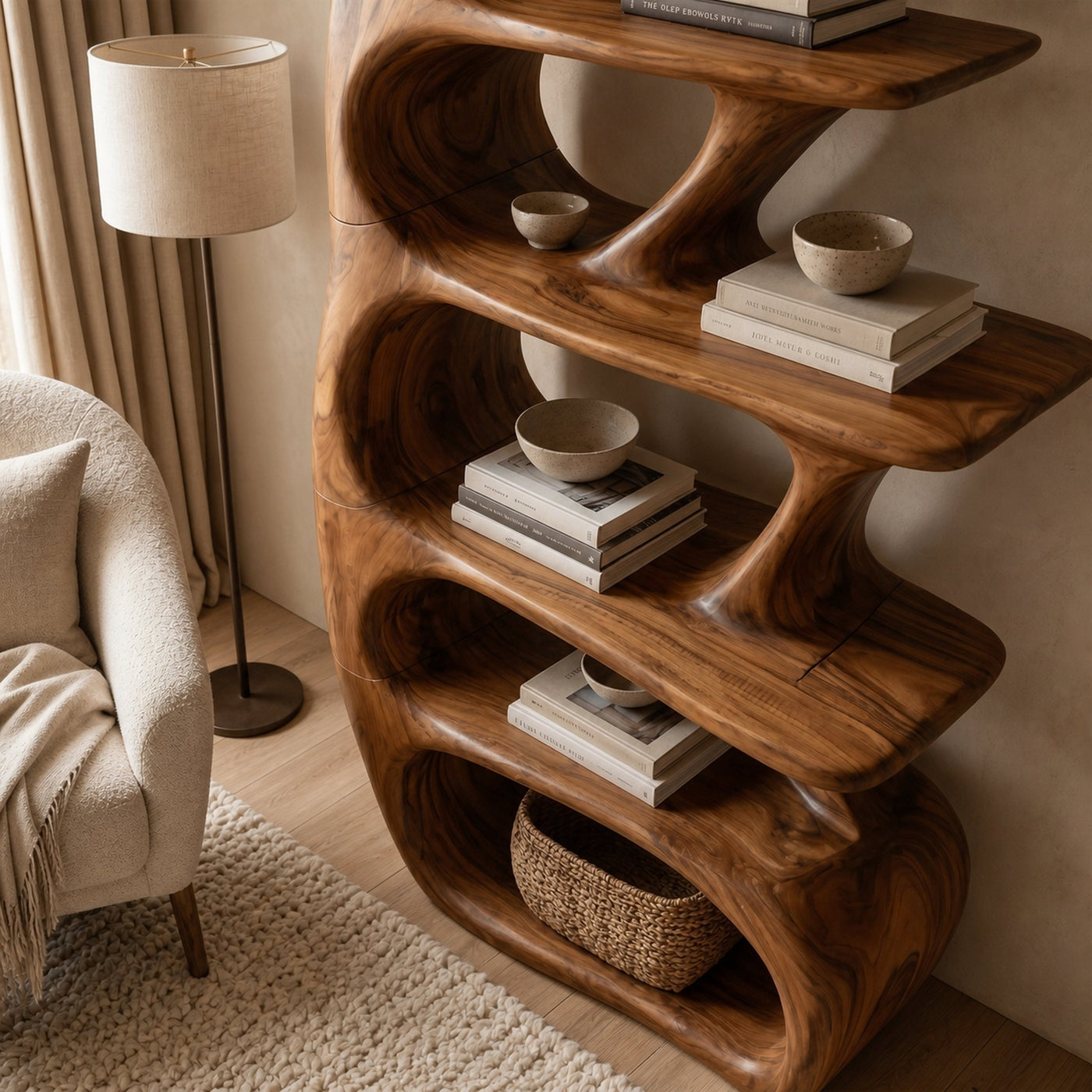 Sculptural Bookshelf With Tree Inspired Curved Shelves And Solid Wood Frame For Living Room - product view 2