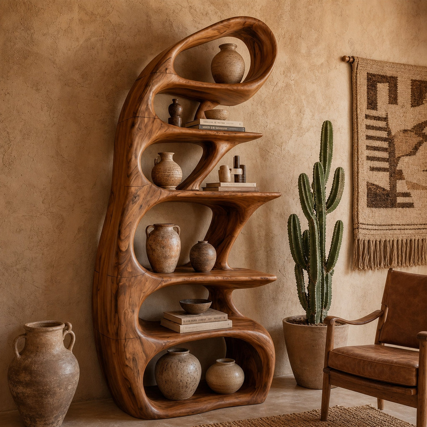Sculptural Bookshelf With Tree Inspired Curved Shelves And Solid Wood Frame For Living Room - product view 3