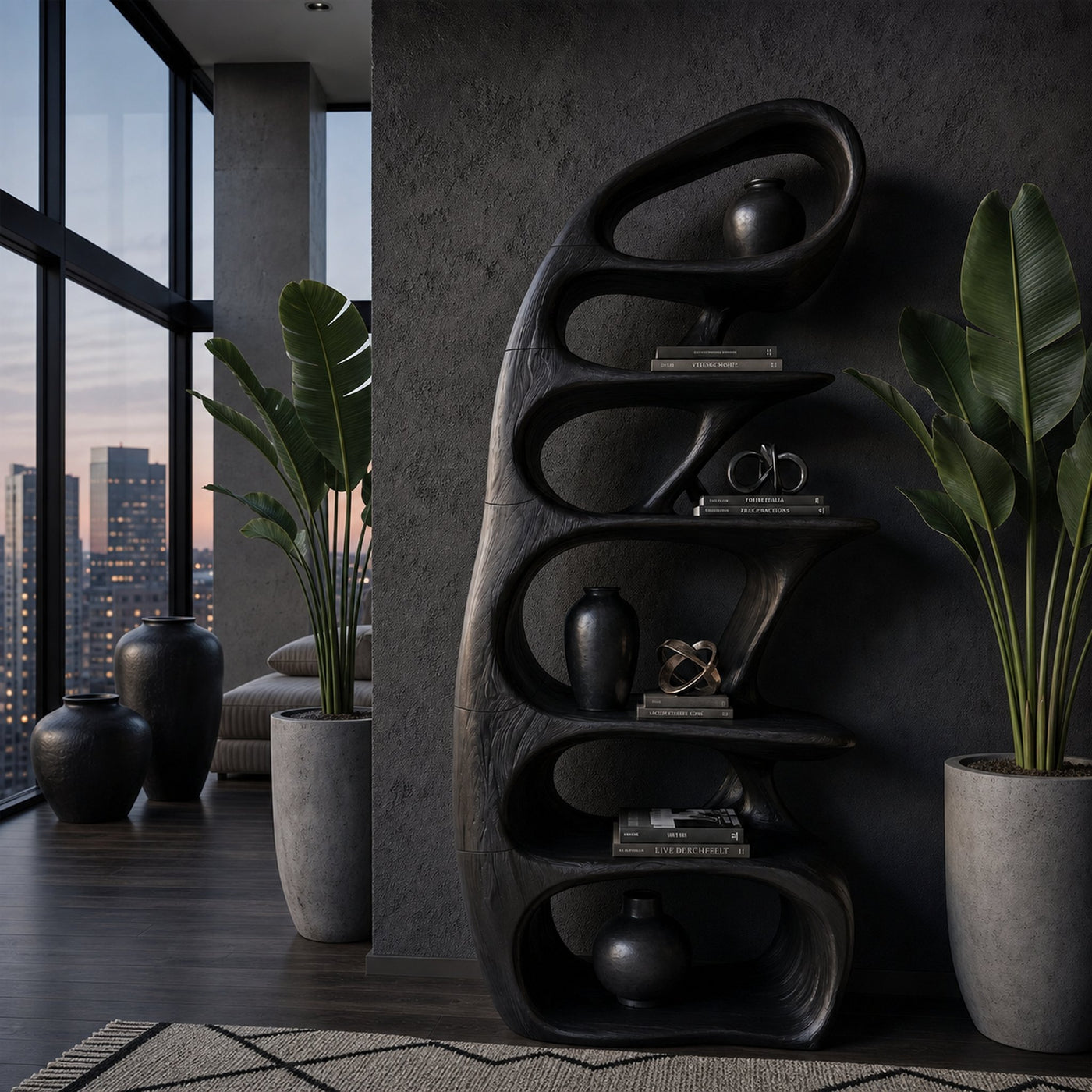 Sculptural Bookshelf With Tree Inspired Curved Shelves And Solid Wood Frame For Living Room - product view 4
