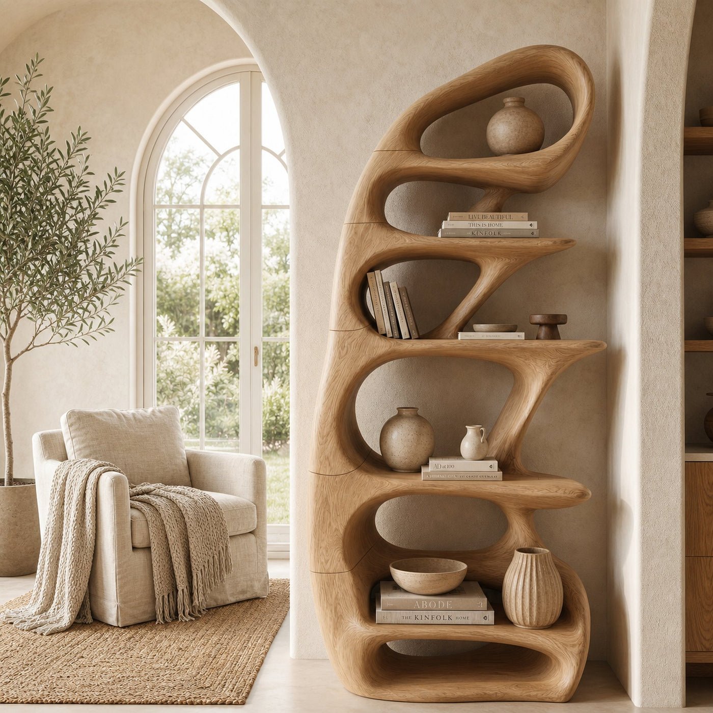 Sculptural Bookshelf With Tree Inspired Curved Shelves And Solid Wood Frame For Living Room - product view 5